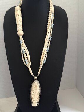 Virgin Mary Carved Bone Pendant on Vintage Multi-Strand Bone Necklace